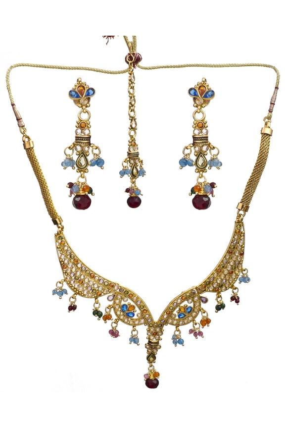Multi-Color Polki Necklace Set with Mang Tika