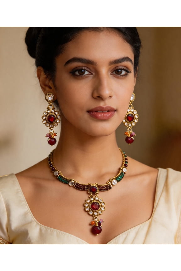 Multi-Color Polki Set With Earrings