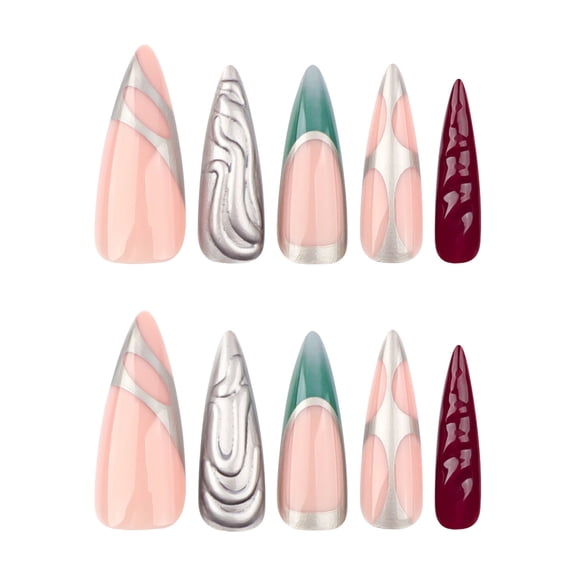 Multi-Color Punk Style Geometric Swirl Press on Nails, Long Stiletto Glossy Metallic False Nails, 24 Count