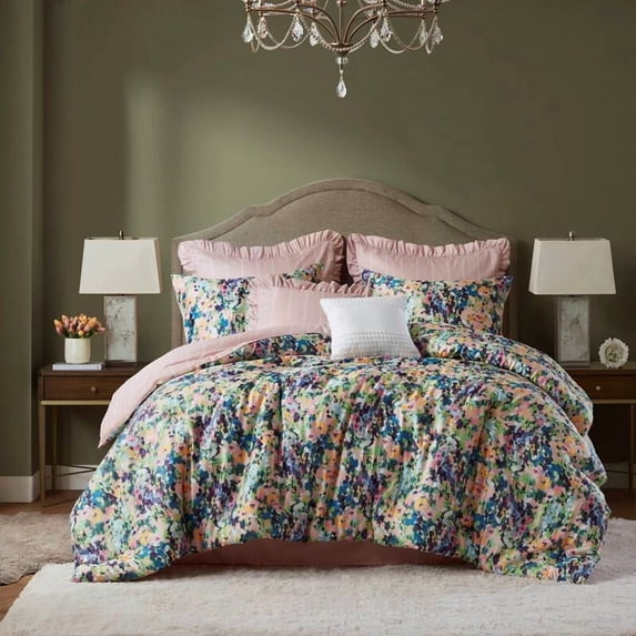 Multi-Color Queen Comforter Set 8-Piece, Cotton Floral Bedding with Reversible Design & Bed Skirt