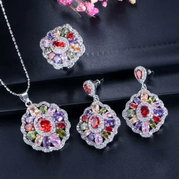 Multi Color Rainbow CZ Ring Flower Pendent Necklace Earrings Party Jewelry Set