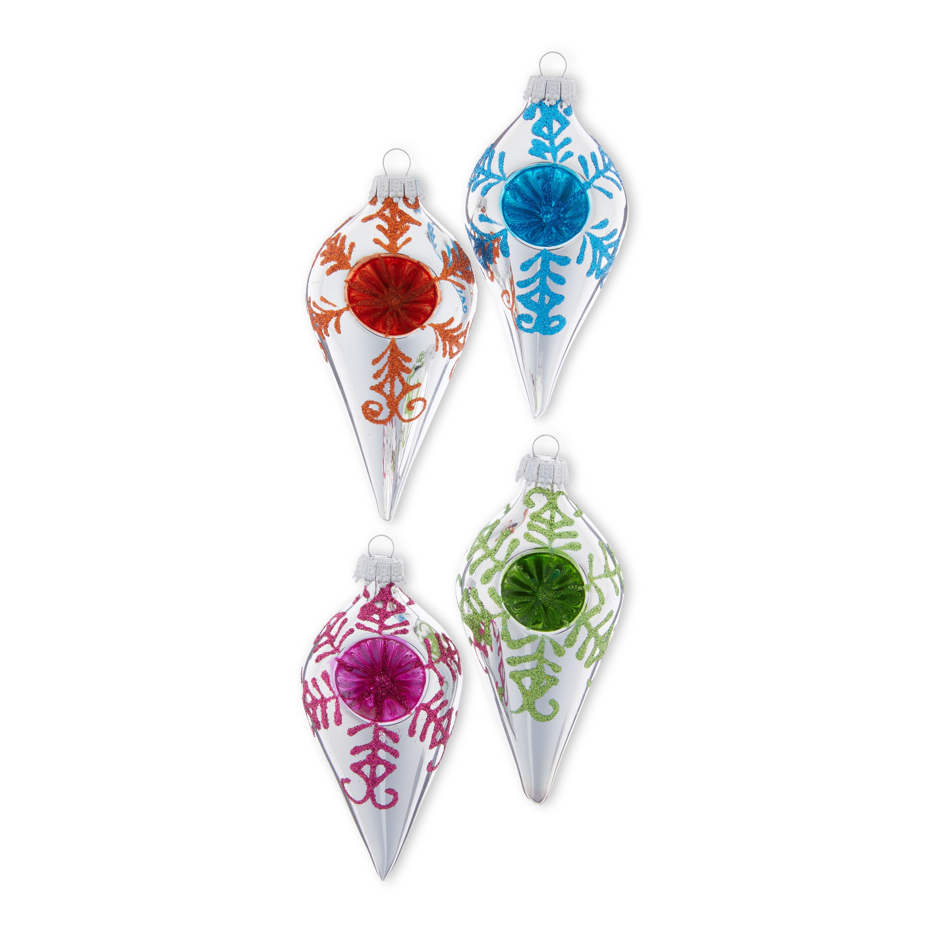 Multi Color Reflector Drop Glass Christmas Ornaments, 2 5/8 in, 4 Count