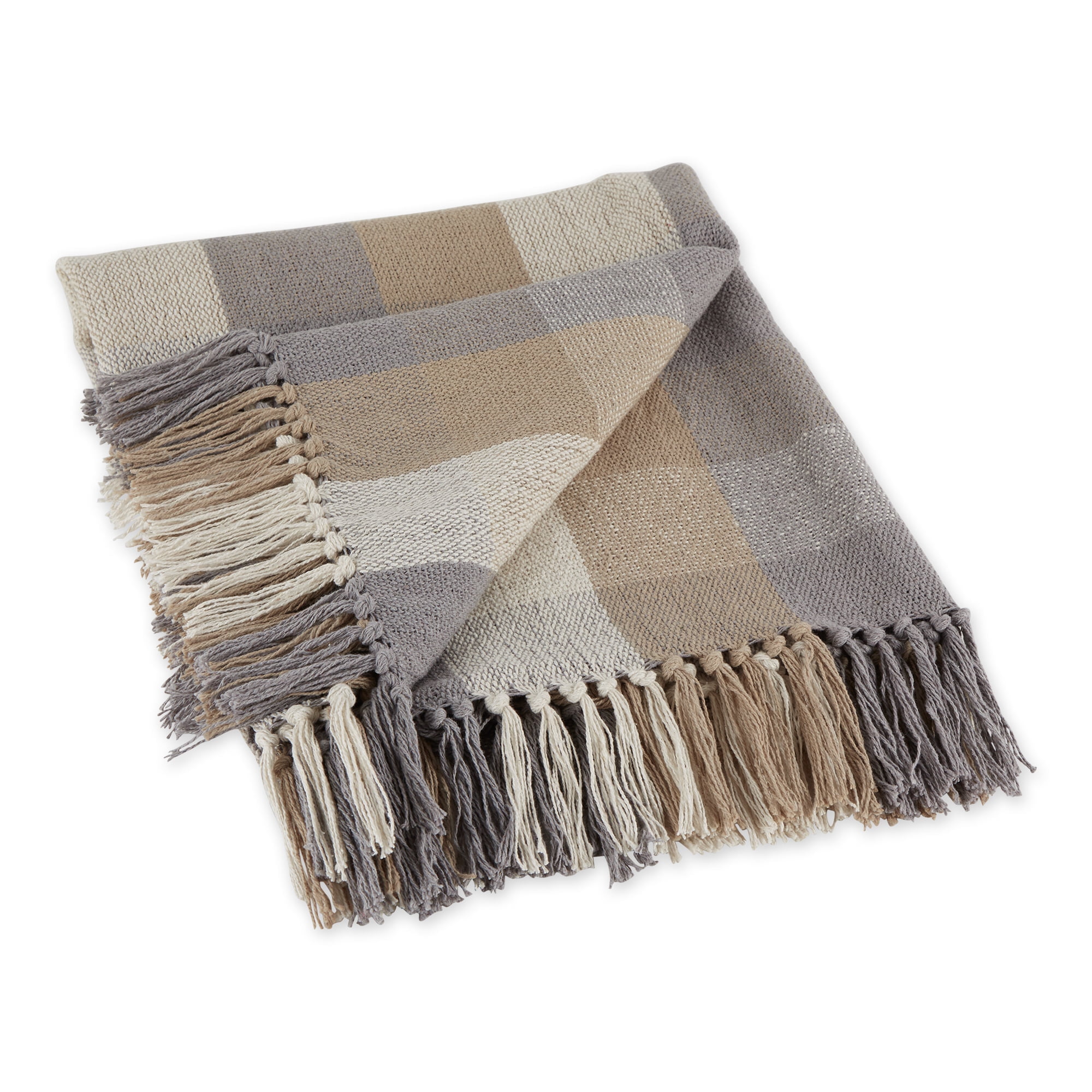 Reversible Beige and Gray Cotton Throw Blanket with Fringe