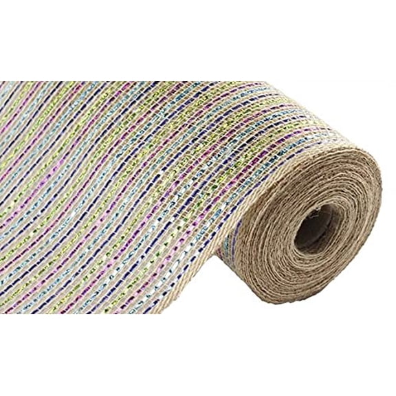 Multi Color Stripe Jute Laser Foil Burlap Mesh - 10.5 Inches x 10 Yards