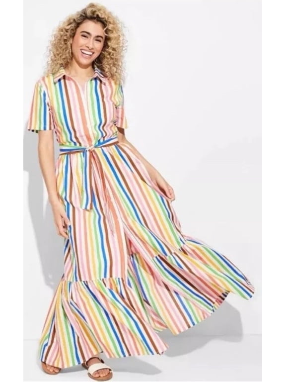 Multi Color Striped Rainbow Short Sleeve Wrap Dress, Women's S