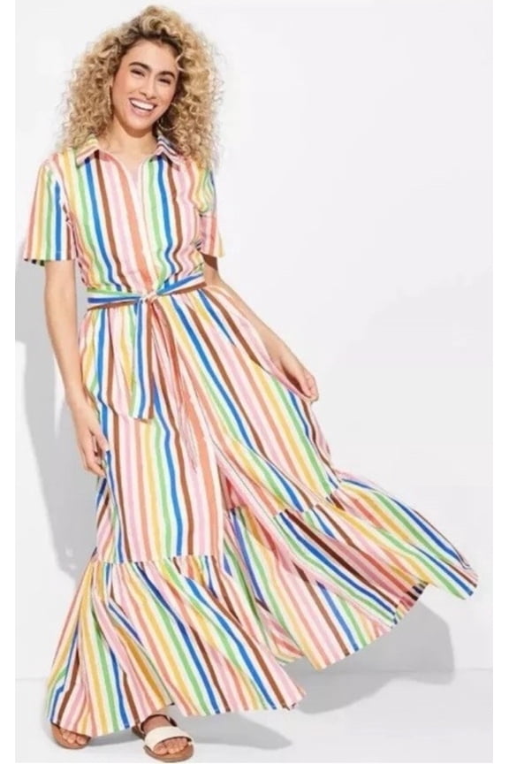 Multi Color Striped Rainbow Short Sleeve Wrap Dress, Women's Size L
