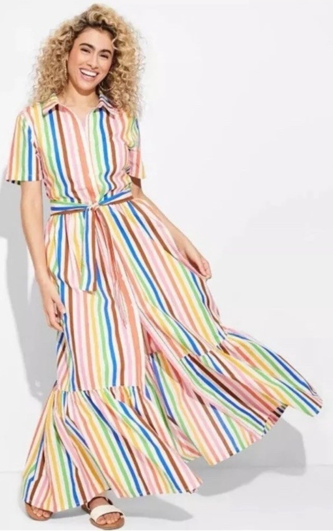 knee length dresses for ladies Pastel Rainbow Midi Dress – V Neck Elegant Summer Dress – Kawaii Heaven main image 1