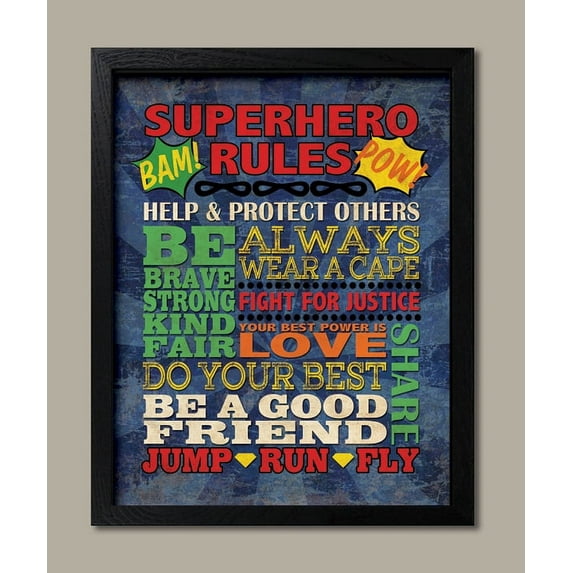 Multi-Color Superhero Rules Child Room Decor; 1 - 12" x 16" Black Frame
