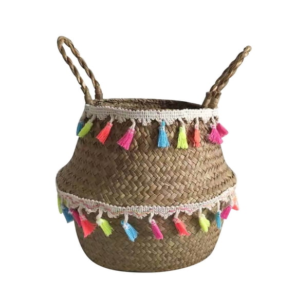 Multi-Color Tassel Seagrass Flower Pots for Indoor Outdoor Plants Folding Wicker Basket Planter Box Decorative Storage Basket for Room and Vibrant Boho Home Garden Decoration