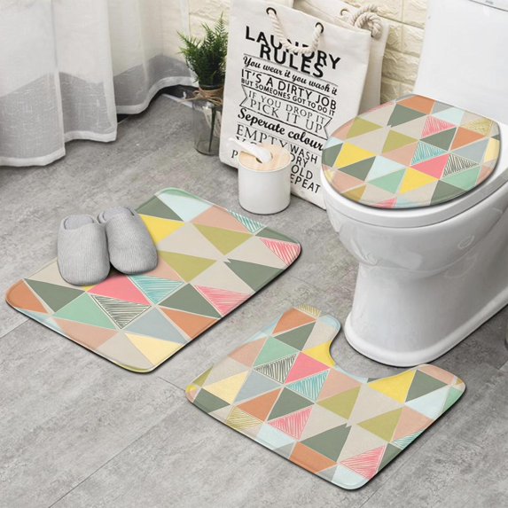 Multi Color Triangle Checkered Pattern Bathroom Rugs Sets 3 Piece,Toilet Cover Set,Absorbent Non Slip Bathroom Mats Sets with U-Shaped Contour Rug Toilet Rug Set