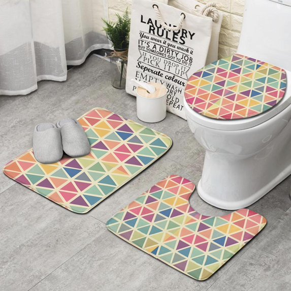 Multi Color Triangle Checkered Pattern Bathroom Rugs Sets 3 Piece,Toilet Cover Set,Absorbent Non Slip Bathroom Mats Sets with U-Shaped Contour Rug Toilet Rug Set