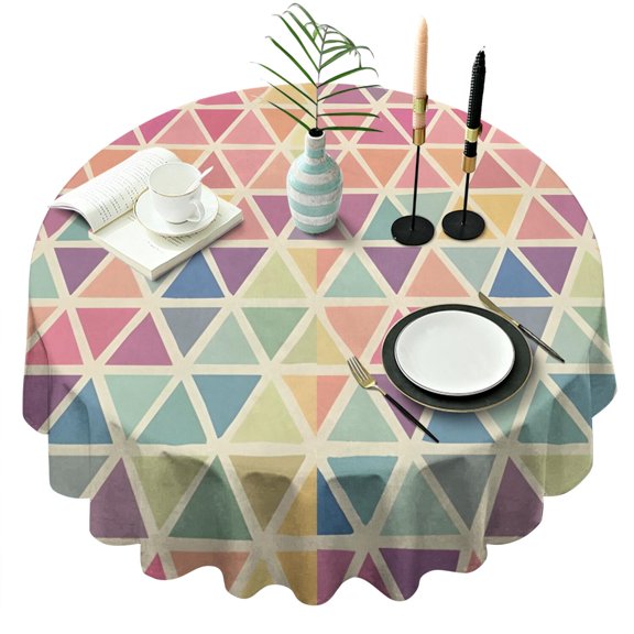 Multi Color Triangle Checkered Pattern Round Tablecloth 60"x60",Wrinkle Wipeable Table Cloth for Kitchen Dining Room Picnic Patio Party