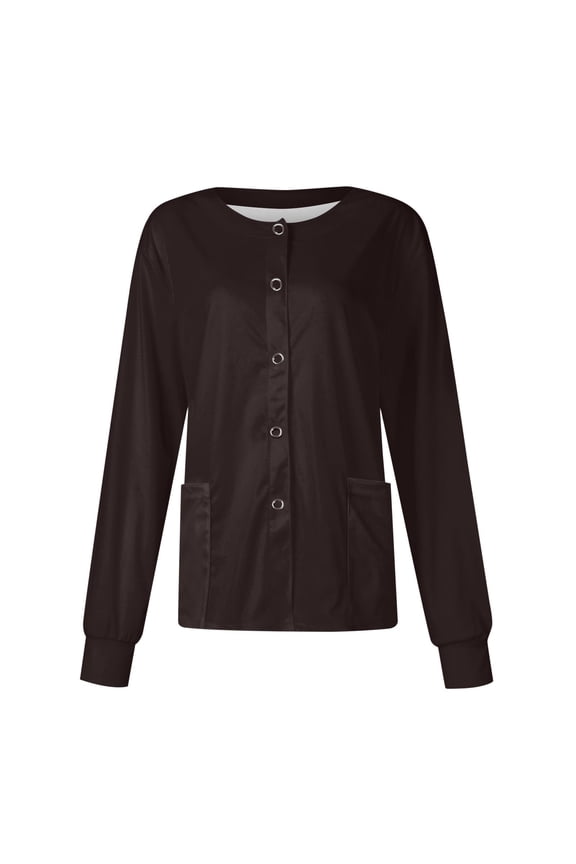 Multi‑Color Women Terylene Twill Scrub Jacket Long Sleeve Button‑Up Nurse Cardigan for Hospital Salon Brown M