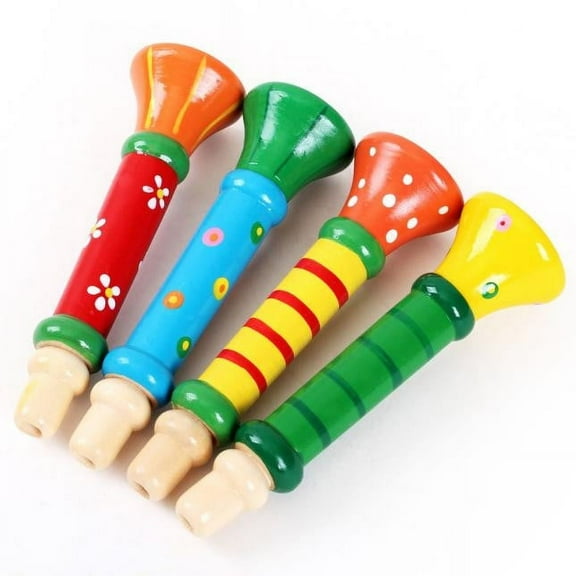 Multi Color Wooden Horn and Trumpet Instruments for Babies and Kids, Musical Toy Hooter Set for Early Sound Exploration and Pretend Band Play