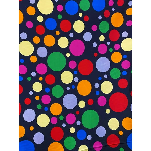 Multi Color/size Dots Satin Print, Non- Stretch, 60" wide, Sells by the yard from Sal Tex Fabrics, Black Back