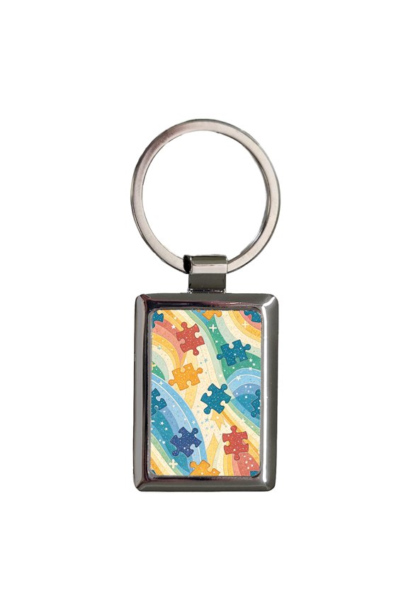 Multi Colored Autism Acceptance Puzzle Pieces Metal Rectangle Keychain