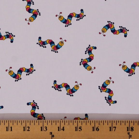 Multi Colored Caterpillars Bugs Allover White Lightweight Cotton Twill Fabric by the Yard (9202t-9m)