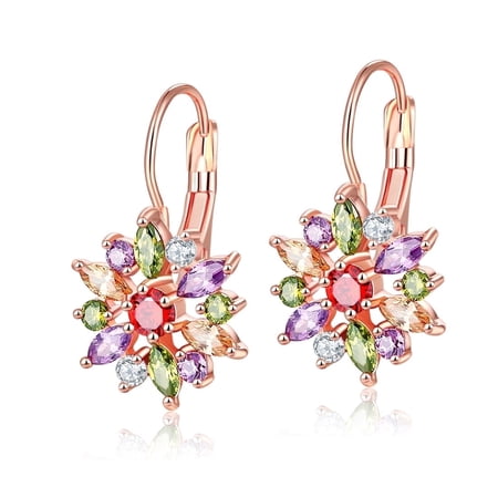 Multi-Colored Crystal Flower Lever-back Earring in 18K Rose Gold Plated