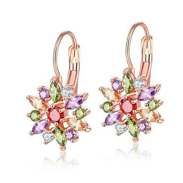 Multi-Colored Crystal Flower Lever-back Earring in 18K Rose Gold Plated