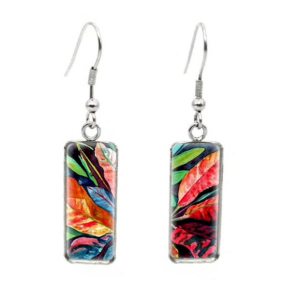 Multi Colored Jungle Leave Rectangular Drop Earrings