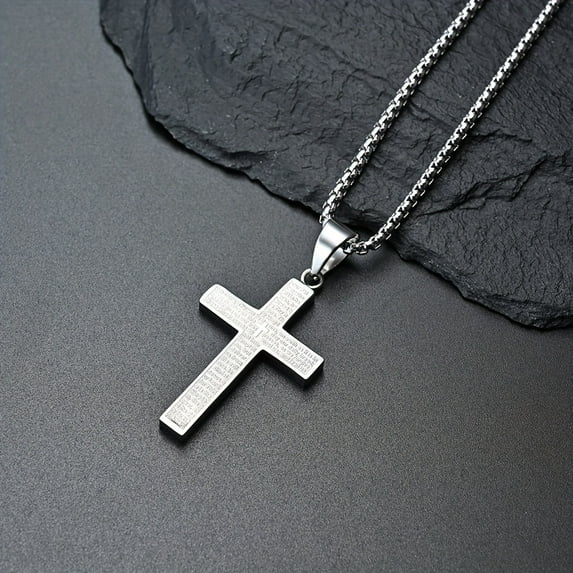 A Multi-Colored Men'S Stainless Steel Engraved Text Cross Pendant Necklace, Suitable for Both Men And Women. It Includes One Necklace. A Perfect Holiday Gift for Friends, Besties, Or Sons, As Well