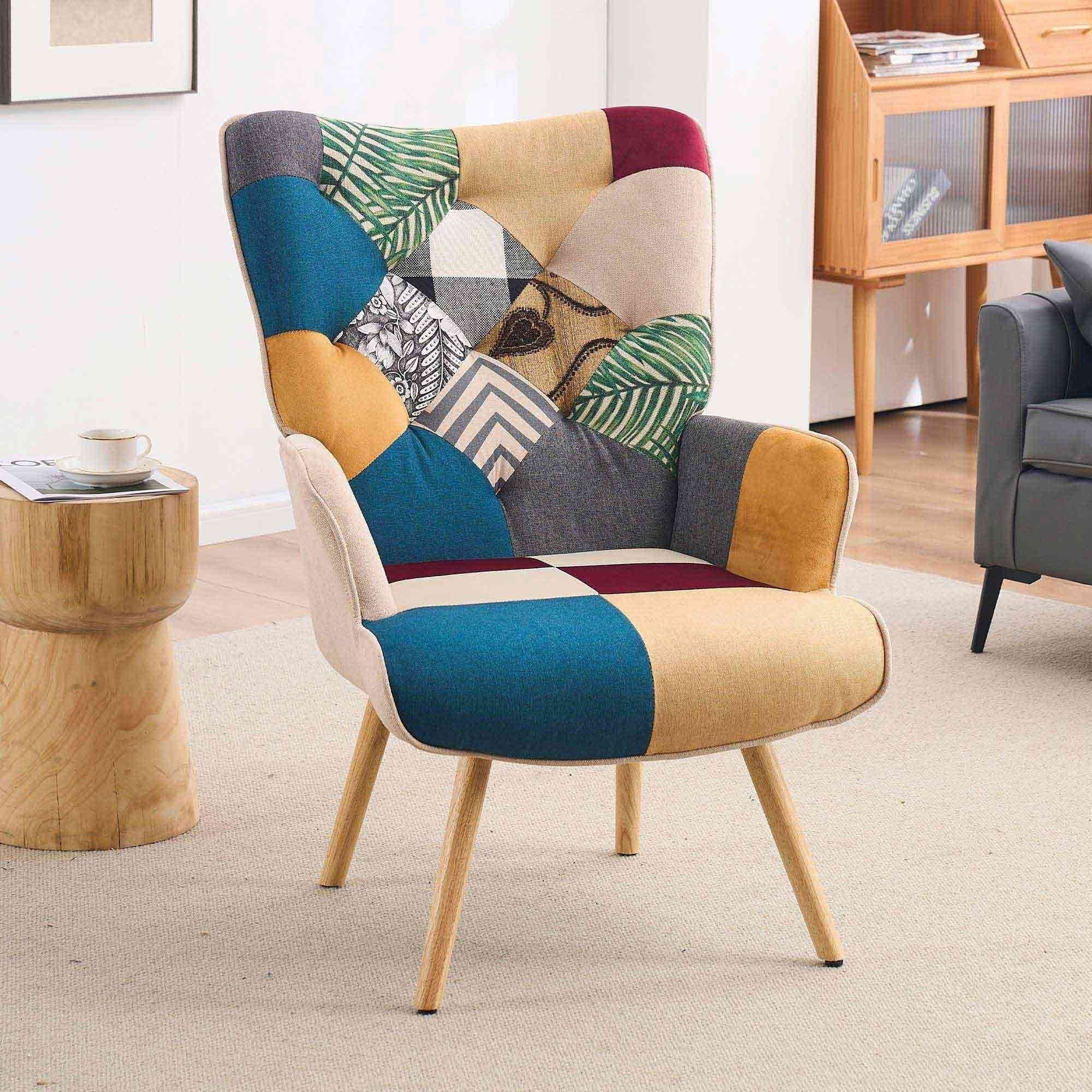 Multi-Colored Patchwork Accent Chair with Solid Wood Legs, Linen Fabric Napping Armchair for Living Room