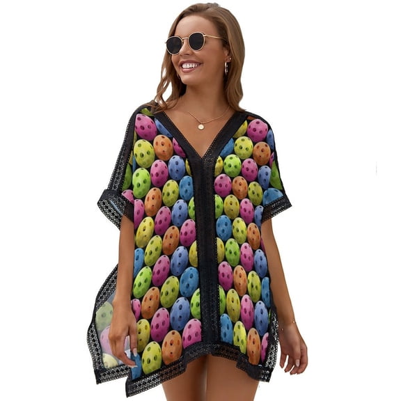Multi Colored Pickleballs Beach Cover Ups for Women Bathing Suit Cover Up Lace Bikini Swimsuit Coverup Beach Dress Shirt One Size