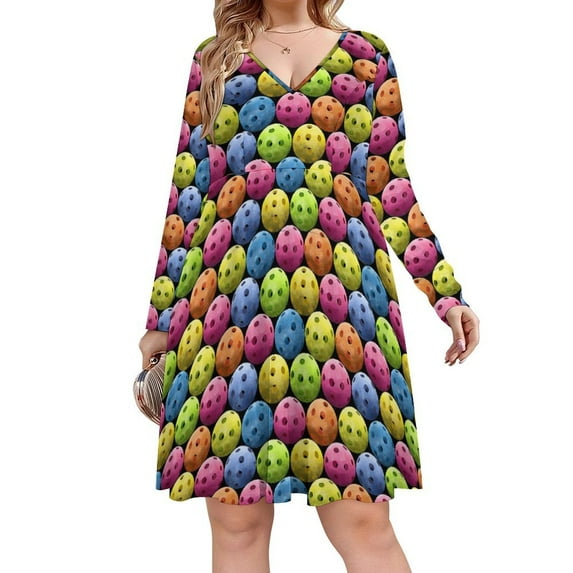 Multi Colored Pickleballs Long Sleeve Dresses For Women Vintage Elegant Party Dress Oversized V-neck Dress S-8XL