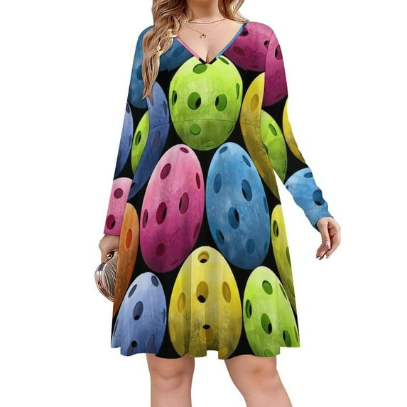 Multi Colored Pickleballs Long Sleeve Sexy Dresses For Women Ladies Vintage Elegant Party Dress Oversized V-neck Dress