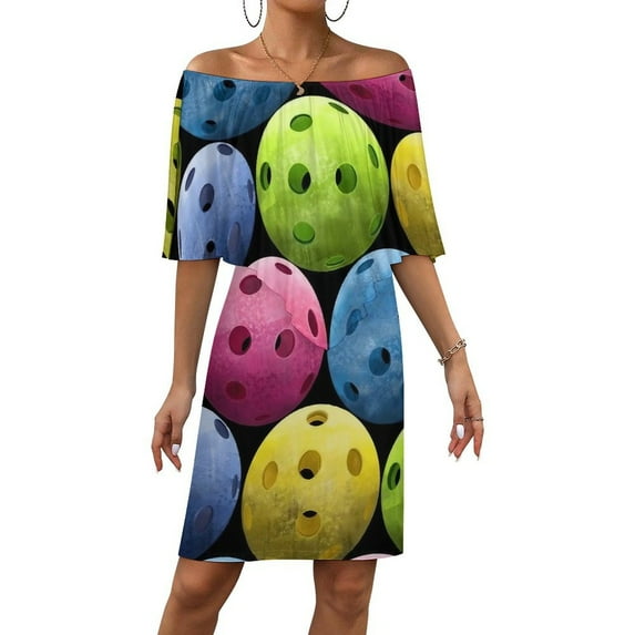 Multi Colored Pickleballs Women's Off The Shoulder Ruffles Summer Wedding Guest Loose Casual Party Beach Dress
