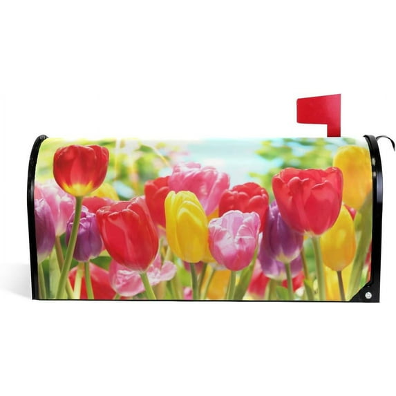 Multi-Colored Spring Summer Tulips Flower Garden Magnetic Mailbox Cover Happy Mother''s Day MailWraps Garden Yard Home Decor for Outdoor Oversized-25.5" x20.8"