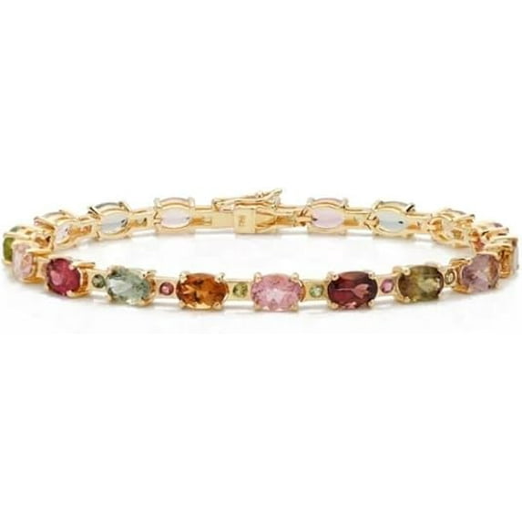 Multi-Colored Tourmaline Tennis Bracelet, Gold-Plated, Oval Cut Gemstones