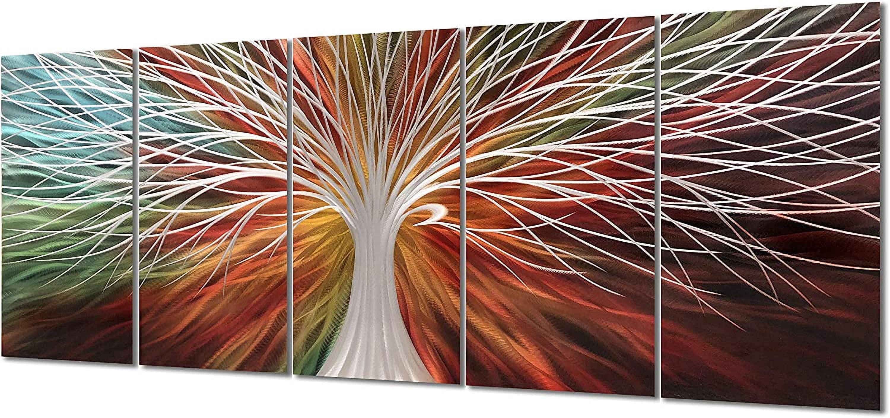 Handmade 3D Metal Wall Art With Multi-Colored Tree – 5-Panel Abstract Decor For Indoor & Outdoor Walls (24x64 Inches)