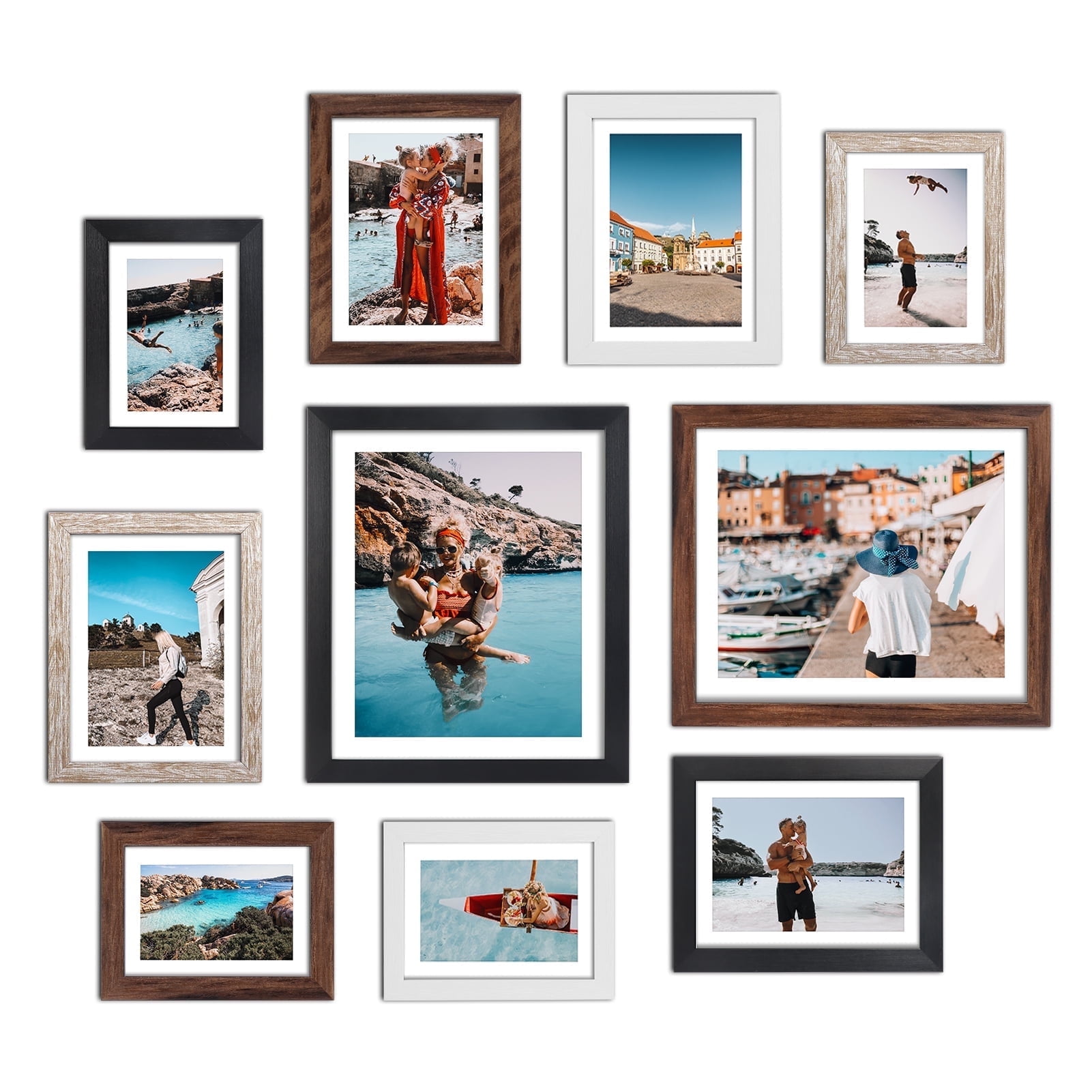 Multi Colors Picture Frames Set of 10 with Mat for Multiple Sizes Photos, Assorted Gallery Frame Collage for Wall or Tabletop