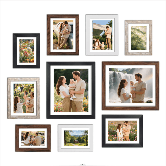 Multi Colors Picture Frames Set of 10 with Mats, Assorted Gallery Frame Collage for Wall or Tabletop,3 size
