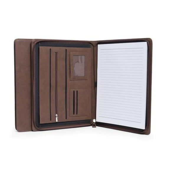 Multi Compartment Business Padfolio or Portfolio with Zipper Closure, Brown