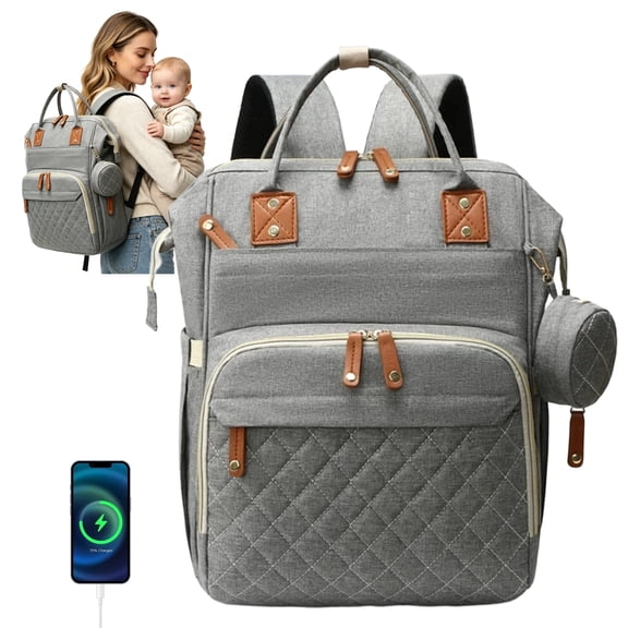 Diaper Bag Backpack, Waterproof with Pacifier Case for Stroller Baby Bag Gray