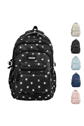 Multi-Compartment Kids Backpack for Girls, Cute Star School Backpack, Girls Bookbag for Elementary Middle School (Black)