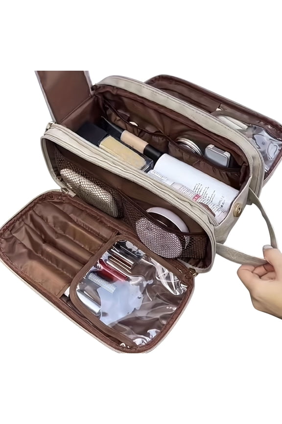 Multi-Compartment Makeup Organizer Bag with Leather Finish,Large Travel Cosmetic Case for Brushes and Toiletries,Water Resistant Storage Pouch for Women's Beauty Essentials(Beige)