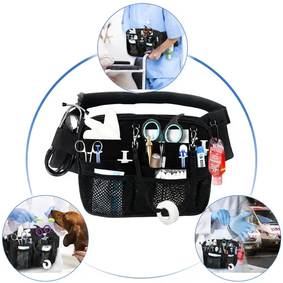 Multi-Compartment Nurse Fanny Pack, Waterproof Nursing Organizer Belt Bag with Tape Holder, Unisex Utility Waist Pouch for Supplies, Black