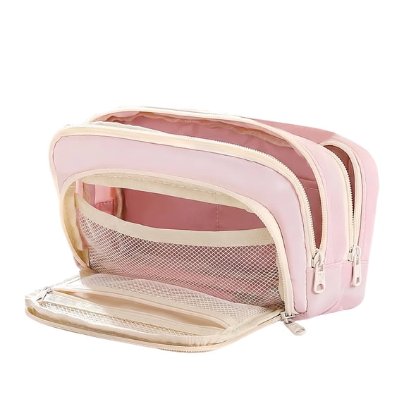 Multi Compartment Pouch Portable Zipper Case With Mesh Pockets For Stationery Makeup Travel Organizer,Pink-21Cm