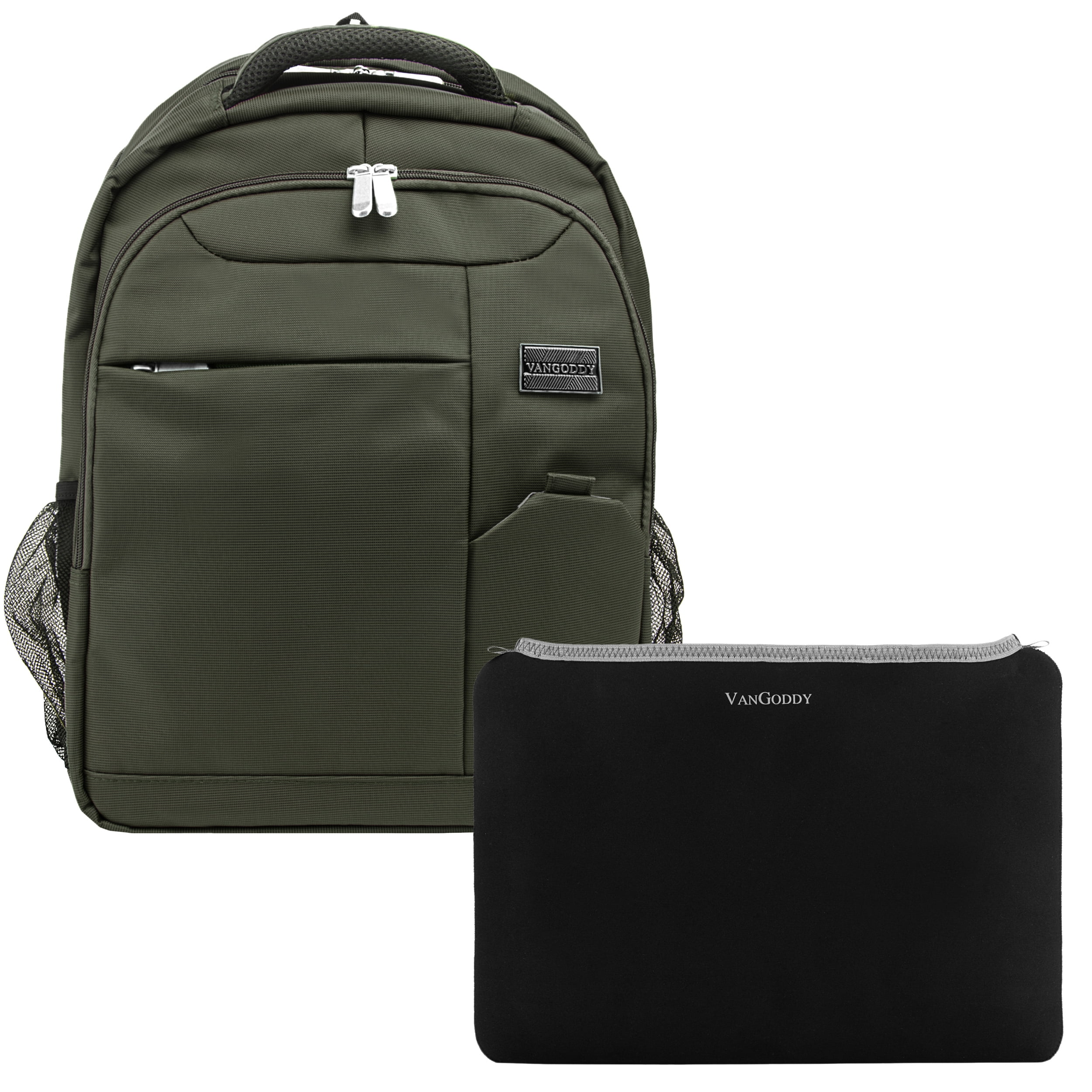 Multi-Compartment Premium Nylon Backpack With Adjustable Padded Straps, Zippered Pockets And Universal Neoprene Smart Sleeve for 15 Inch Laptops / Tablets Bundle (Olive)(Black)