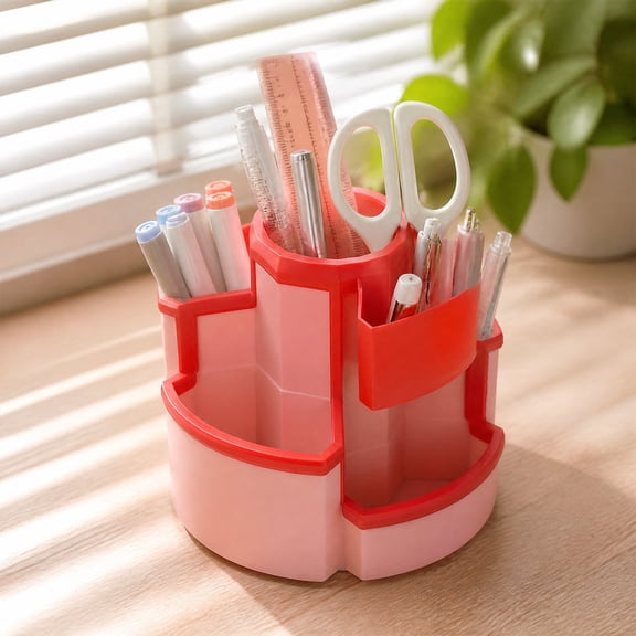 Multi-Compartment Rotating Desk Organizer – 13x11.5cm Pen & Makeup Brush Holder with Note Tray, 360° Swivel Base, Stepped Grid Storage for Office, Studio & Vanity – Red