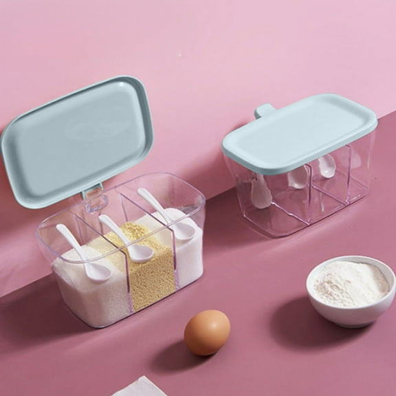 Multi Compartment Seasoning Box with Built-in Spoon | 3-Section Spice Container | Kitchen Storage Organizer for Herbs & Condiments | Blue Plastic Design