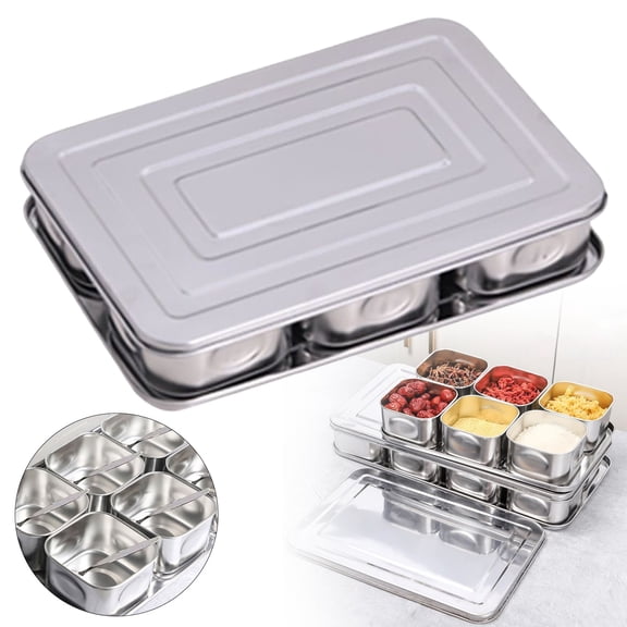 Multi Compartment Stainless Jars Kitchen Storage Box for Seasonings Sugar Pepper Sturdy Design 6 Grids