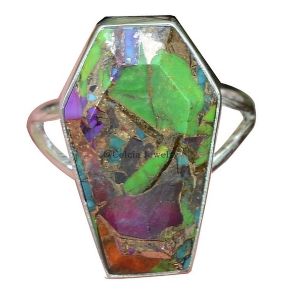 Multi Copper Turquoise Coffin Ring, Genuine 925 Sterling Silver, Natural Healing Stone Ring, Western Ring, Anniversary Gifts For Women, Birthday Gifts (Multi Copper Turquoise)