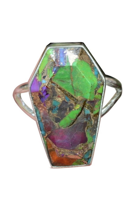 Multi Copper Turquoise Coffin Ring, Genuine 925 Sterling Silver, Natural Healing Stone Ring, Western Ring, Anniversary Gifts For Women, Birthday Gifts (Multi Copper Turquoise)