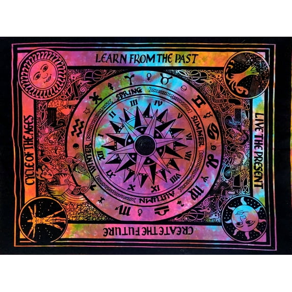 Multi Cycle of ages Celtic Tapestry Poster Coverlet Bedspread Table Cover Cotton Bohemian Hippie Art Wall Hanging Zodiac Sun Moon Goodluck Room Dorm Small Boho Psychedelic Tarot Poster Size 40"x30"