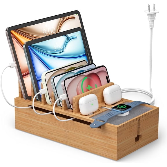 Multi Devices Charging Station, with USB Power Adapter HUB, and 6 Wire Cables - Cord Organizer Management, Cell Phone Charger Dock Stand, Desktop Cord Hider Box