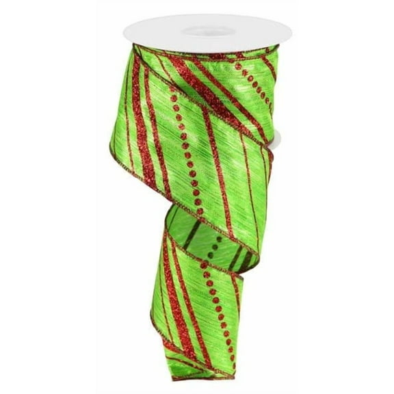 Multi Diagonal Stripes Red Lime Christmas Glitter Wired Ribbon, RGC362333, 2.5" x 100 feet